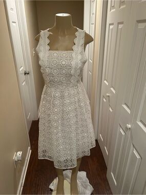 J.O.A. White Lace Midi Dress with Scalloped Straps